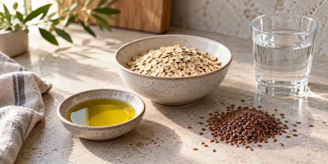 Dish of golden-green olive oil beside oats, linseed and a glass of water on pale stone