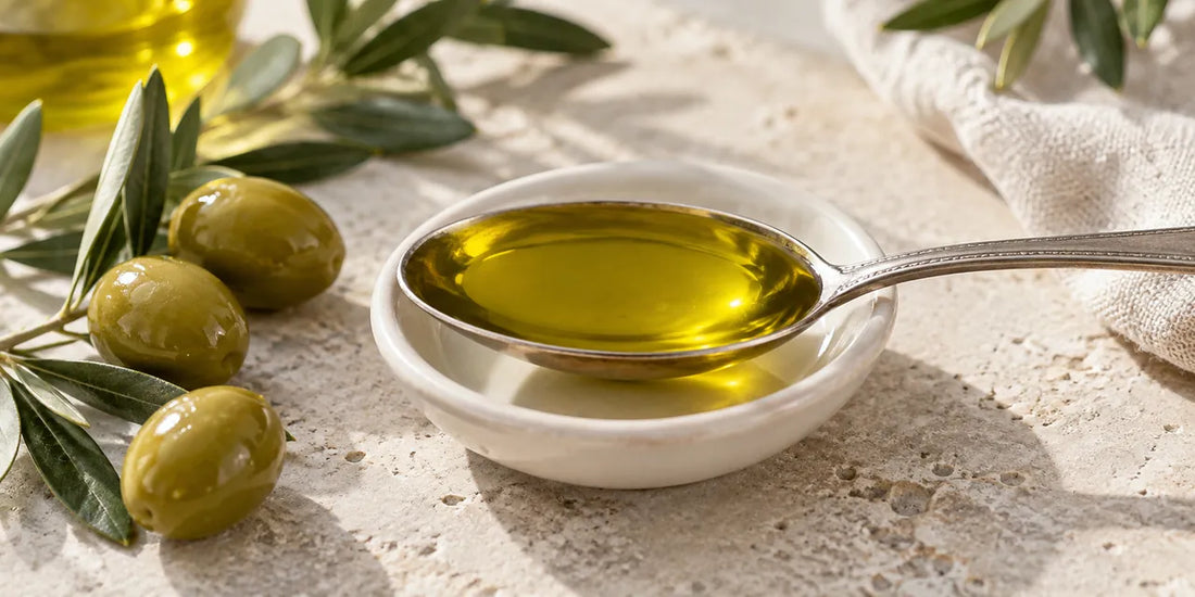 Steel tablespoon of rich golden-green olive oil resting on a white dish beside green olives on limestone