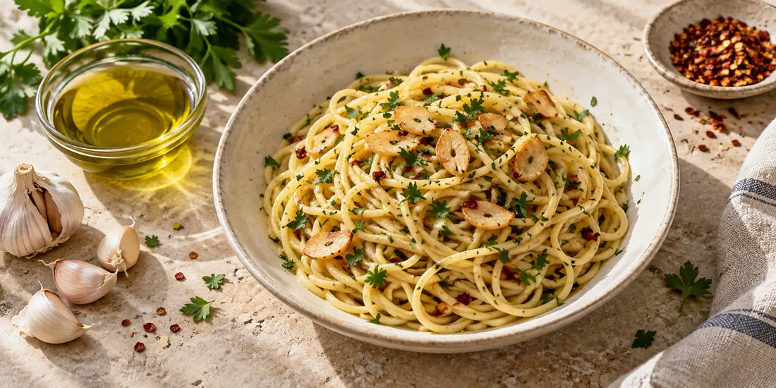 Bowl of spaghetti in a glossy garlic and olive oil sauce with chilli and parsley beside golden-green oil
