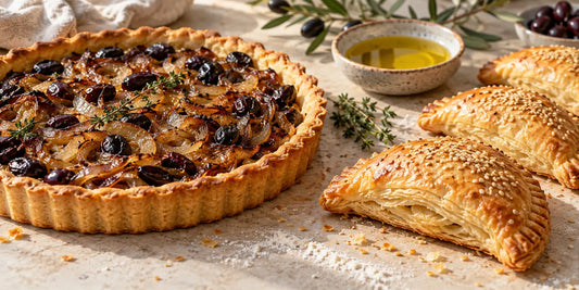 Golden olive oil shortcrust tart and flaky layered hand pies on pale stone beside a dish of olive oil