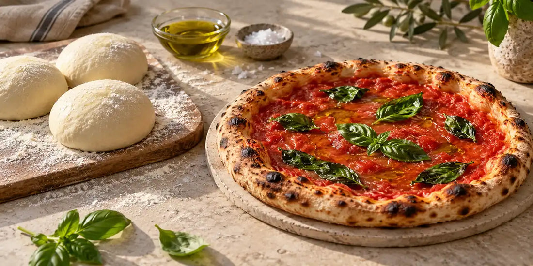 Three olive oil pizza dough balls on a floured board beside a baked tomato and basil pizza