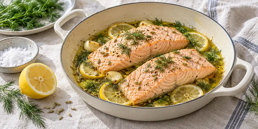 Two salmon fillets poaching gently in golden-green olive oil with lemon slices, dill and garlic in a shallow pan