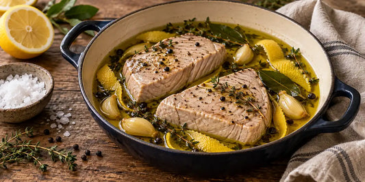 Pieces of olive oil poached tuna resting in a pan of golden-green olive oil with lemon peel, garlic and thyme