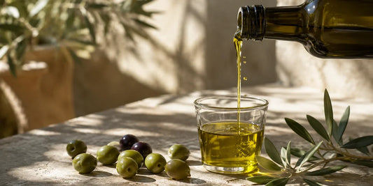 Rich golden-green extra virgin olive oil pouring in a thin stream into a clear glass on a pale stone surface in warm light