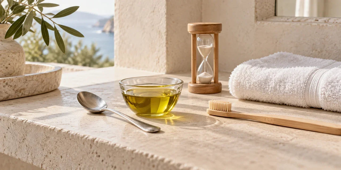 Glass dish of golden-green olive oil with tablespoon, bamboo toothbrush and sand timer on pale limestone shelf