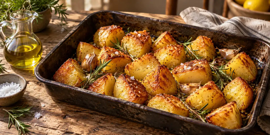 Tray of crisp golden olive oil roast potatoes with rosemary, roasted garlic and flaky salt on oak