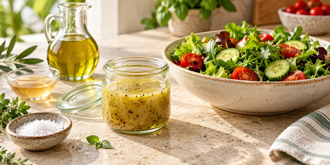 Glass jar of creamy golden-green olive oil vinaigrette beside a bowl of mixed green salad leaves