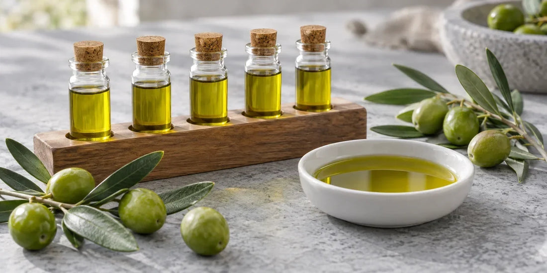 Glass sample vials of golden-green olive oil in a wooden rack beside green olives on pale stone