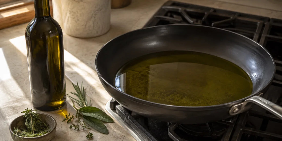 A wide black steel frying pan holding a shallow film of golden-green olive oil beside a dark bottle