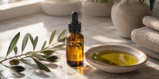 An amber dropper bottle and dish of golden-green olive oil with olive leaves on a pale marble vanity