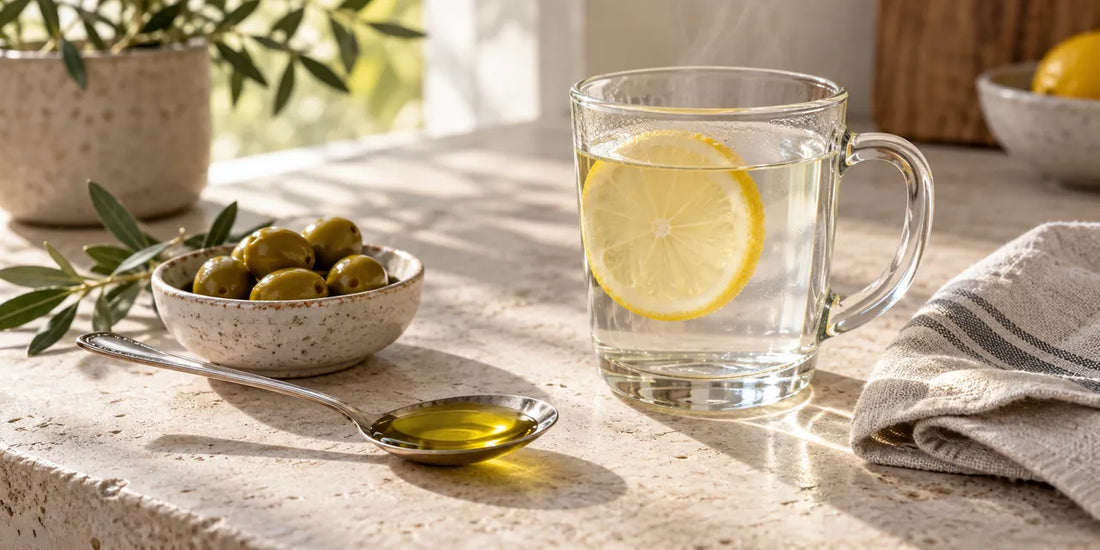 Spoon of rich golden-green olive oil beside a glass mug of warm lemon water and green olives on limestone