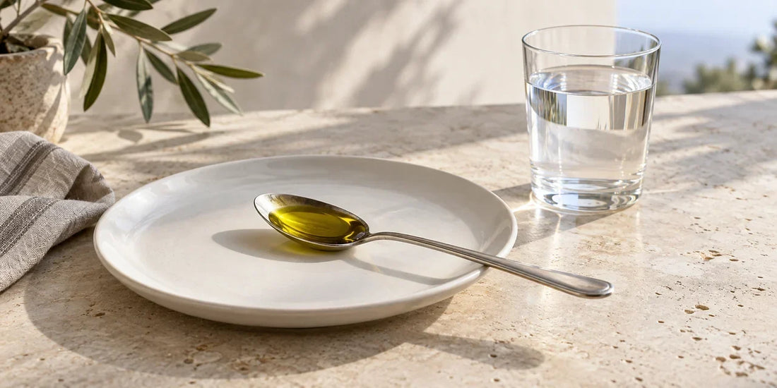 Silver tablespoon of golden-green olive oil on an empty white plate beside a glass of water on limestone