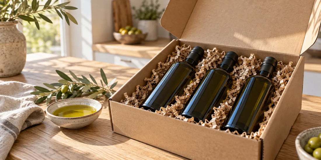 Open kraft delivery box holding three dark glass olive oil bottles beside a dish of golden-green oil