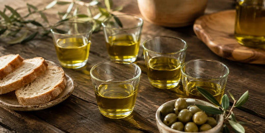 A wooden tasting table with small glasses of green-gold olive oil, bread and fresh olives in warm daylight