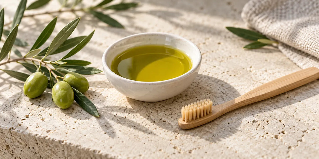 Small white bowl of golden-green olive oil beside a bamboo toothbrush and olive sprig on pale limestone