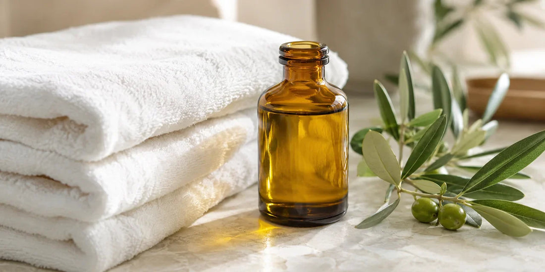 An amber glass bottle of olive oil beside folded white towels and olive leaves on a pale stone surface