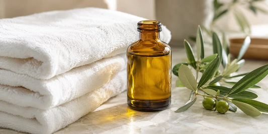 An amber glass bottle of olive oil beside folded white towels and olive leaves on a pale stone surface