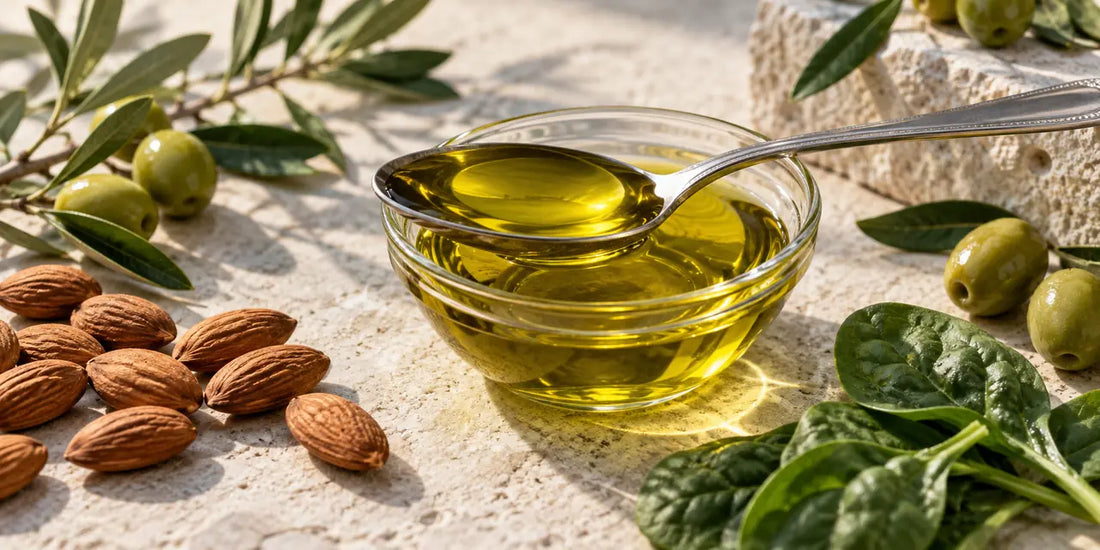 Steel tablespoon of rich golden-green olive oil over a glass dish beside almonds, spinach and green olives