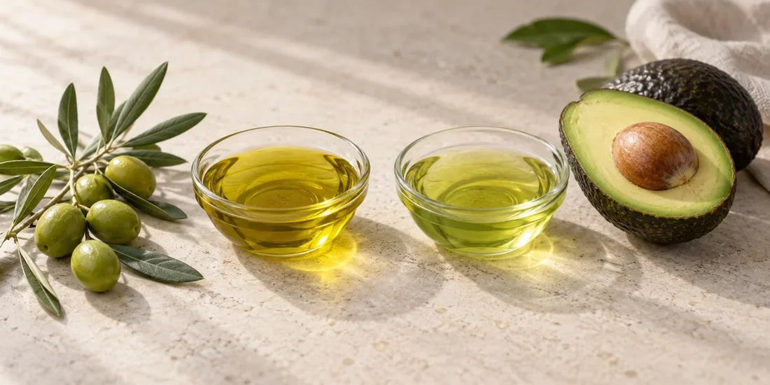 Two glass dishes of golden-green olive oil and green-tinged avocado oil beside olives and a halved avocado
