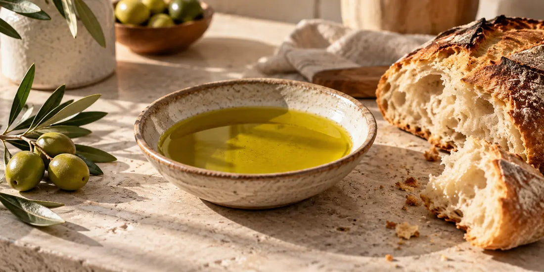 Shallow bowl of rich golden-green olive oil beside torn sourdough bread and an olive sprig on pale stone