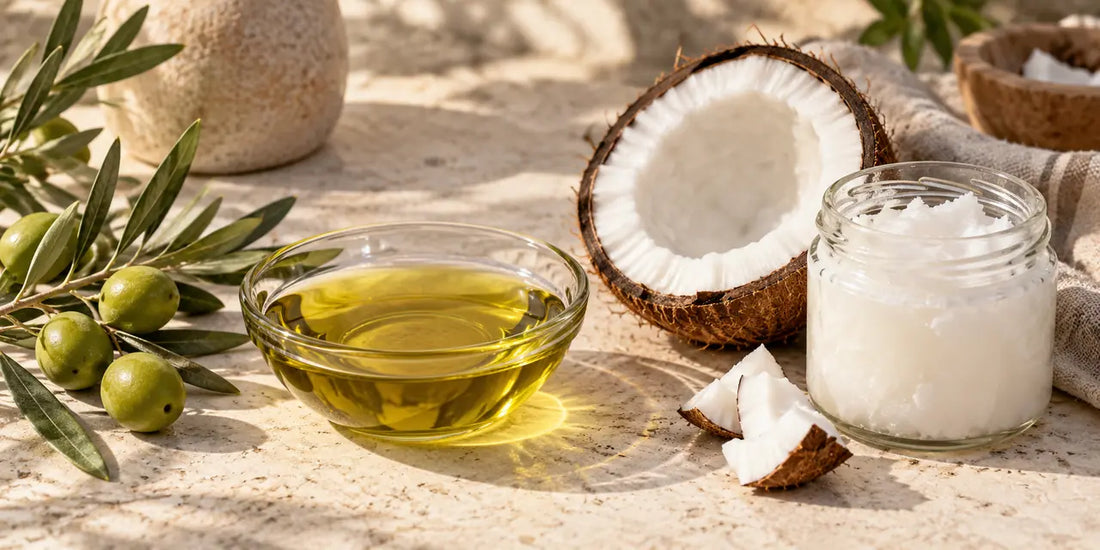 Glass bowl of golden-green olive oil beside a halved coconut and jar of white coconut oil on limestone