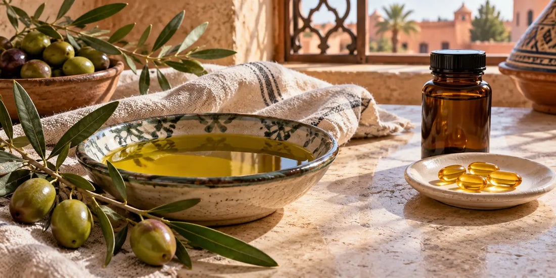 Golden green olive oil beside olive branches, a closed amber bottle and capsules on pale stone.