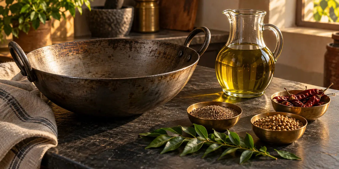 Steel kadai on dark slate beside a glass jug of golden-green olive oil and brass bowls of whole spices
