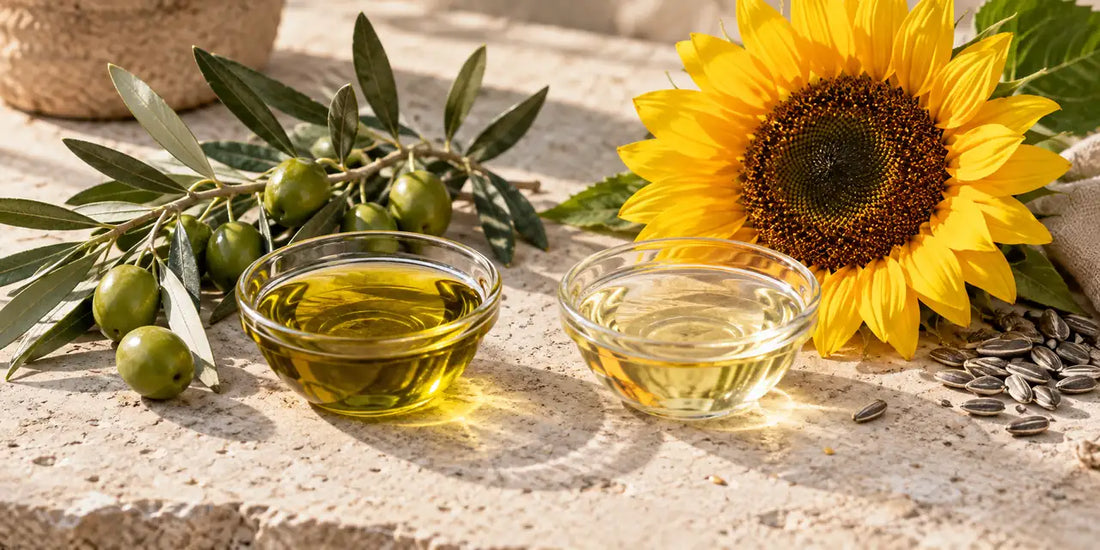 Sunflower head and olive branch beside glass dishes of golden-green olive oil and pale sunflower oil on stone