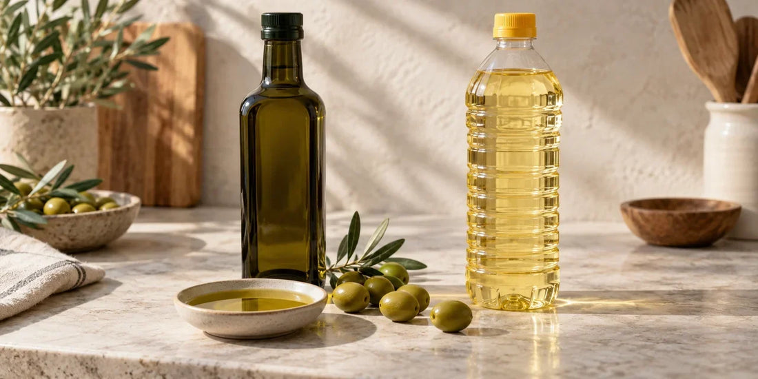 Dark glass bottle and dish of golden-green olive oil beside a clear bottle of pale refined oil