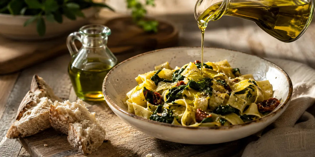 A generous pour of golden-green olive oil over a hearty bowl of pasta with bread on a rustic wooden table in warm light