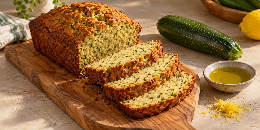 Sliced zucchini bread loaf flecked with green on a wooden board beside a whole courgette and olive oil