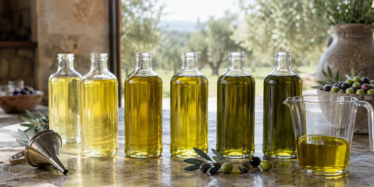 Several bottles of olive oil in different shades lined up on a counter as if being blended