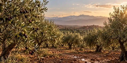 Olive grove at sunrise during olive season