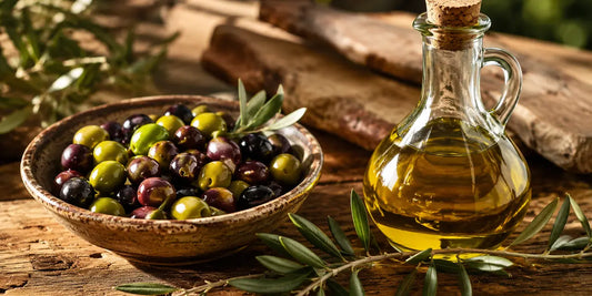 A rustic bowl of green and purple table olives beside a glass cruet of golden-green olive oil on wood