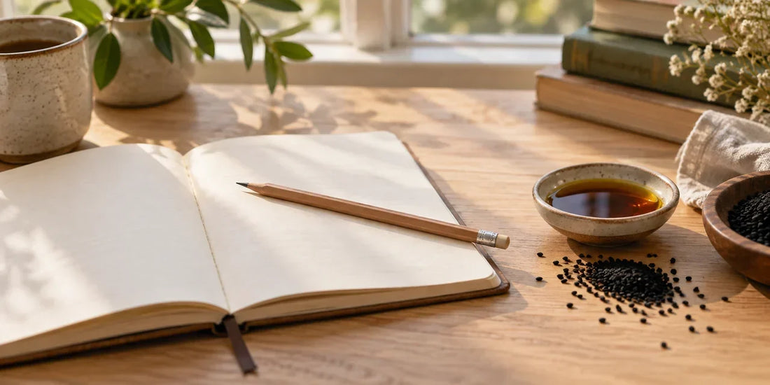Open notebook with blank pages beside scattered black seeds and a dish of deep amber oil on oak