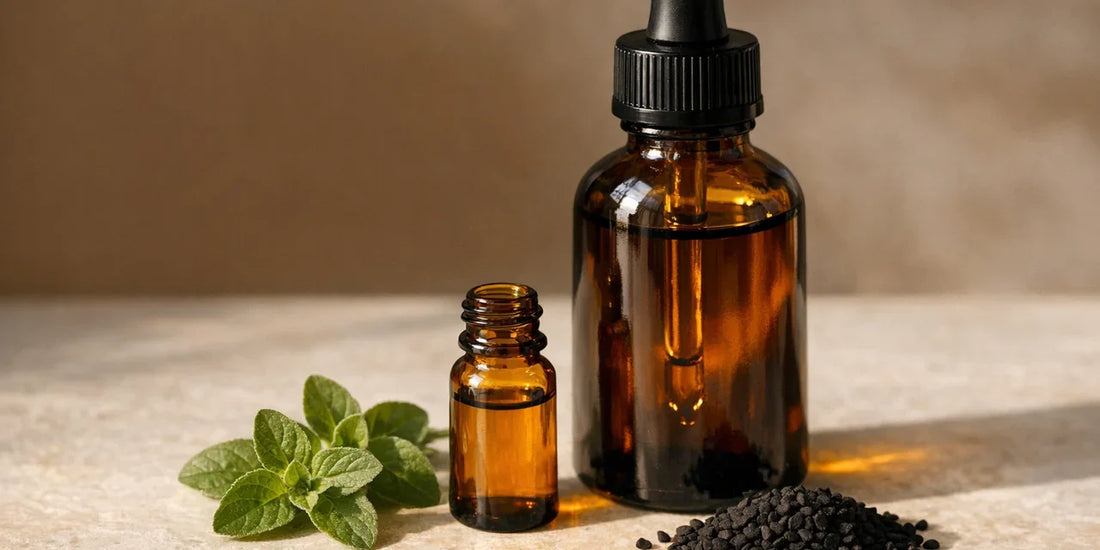 Small amber essential oil vial beside a much larger dark dropper bottle, oregano sprigs and matte black seeds