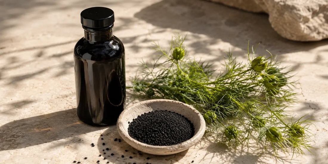 A dark glass black seed oil bottle beside black seeds and a green sprig on a pale stone surface in warm light