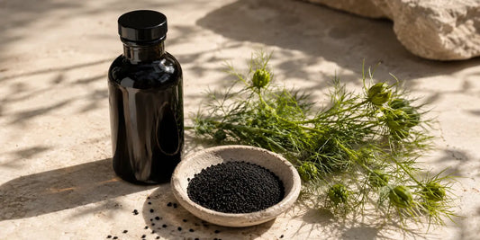 A dark glass black seed oil bottle beside black seeds and a green sprig on a pale stone surface in warm light