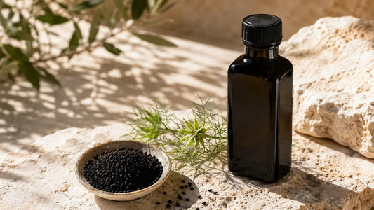 A dark glass black seed oil bottle beside matte black seeds and a green sprig on a pale stone surface in warm light