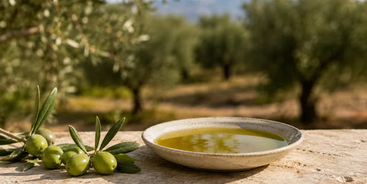 A sunlit organic olive grove with a shallow dish of rich golden-green olive oil and fresh olives on pale stone