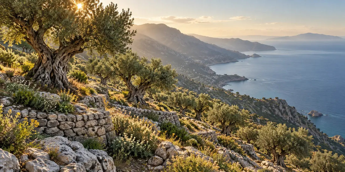 Ancient gnarled olive trees on dry-stone terraces down a rocky mountainside above a calm blue sea