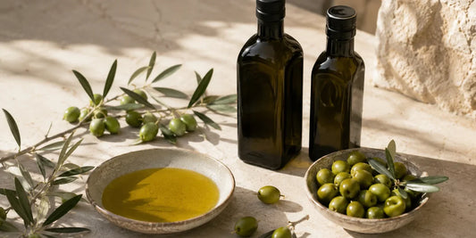 Two dark glass olive oil bottles beside fresh green olives and a dish of rich golden-green oil on pale stone in warm light