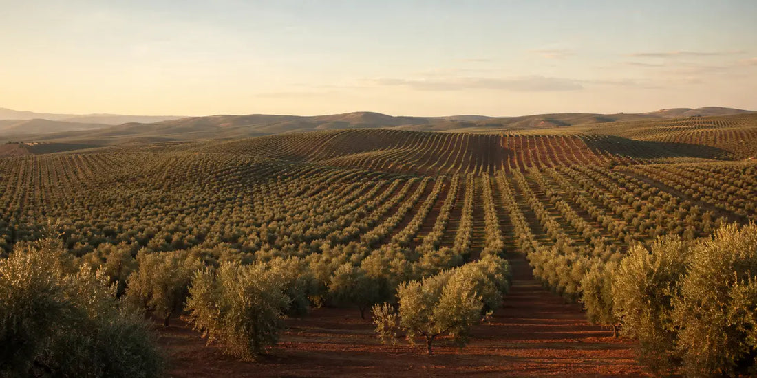 Endless rows of silver-green olive trees covering rolling hills over red earth in warm late afternoon light