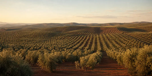 Endless rows of silver-green olive trees covering rolling hills over red earth in warm late afternoon light