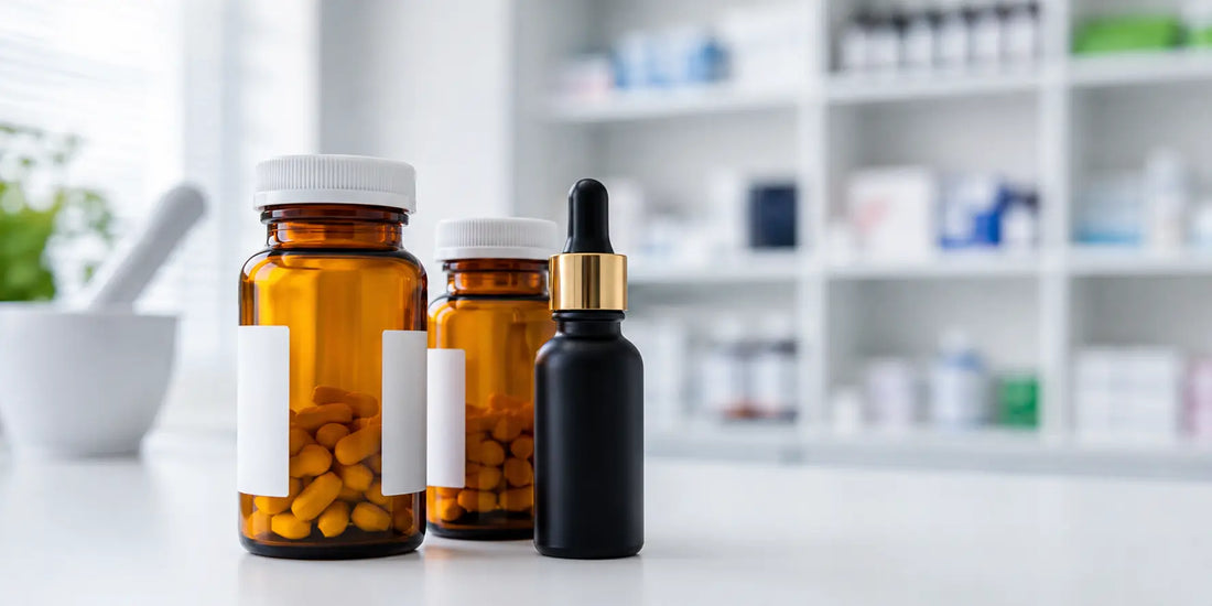 Two amber pharmaceutical pill bottles beside a matte black glass bottle of oil on a clean white surface in bright clinical light