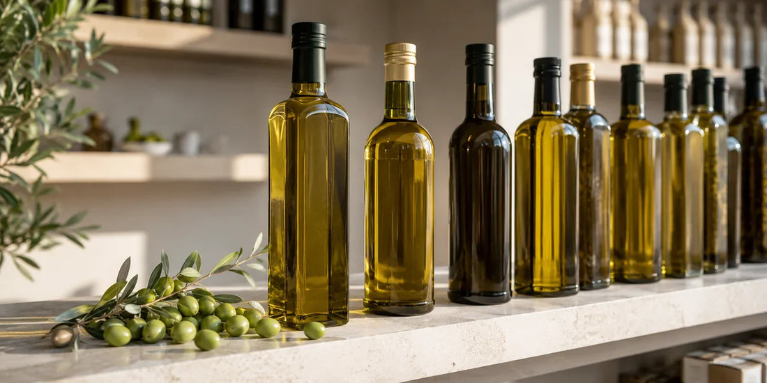 Several unbranded olive oil bottles on a bright shop shelf beside fresh olives and leaves on pale stone in warm light