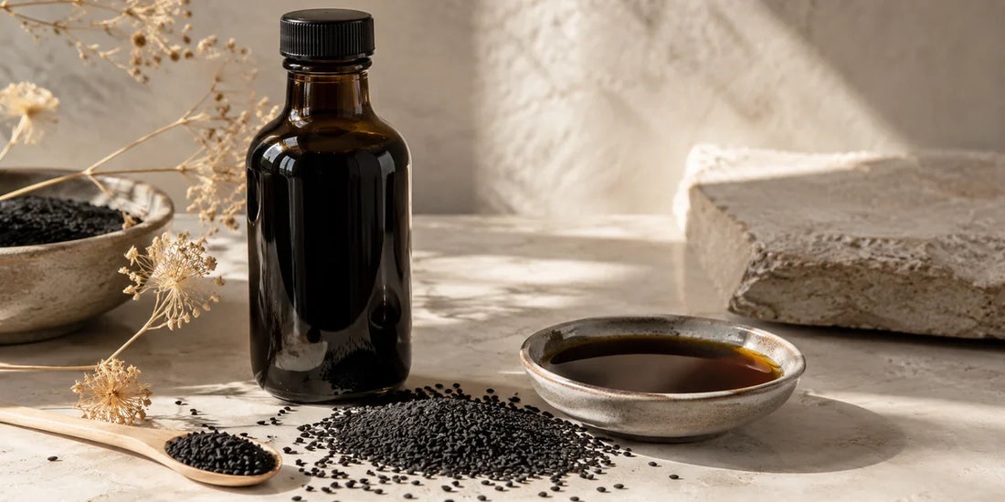 Dark glass black seed oil bottle beside scattered matte black seeds on pale stone in warm light