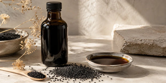 Dark glass black seed oil bottle beside scattered matte black seeds on pale stone in warm light