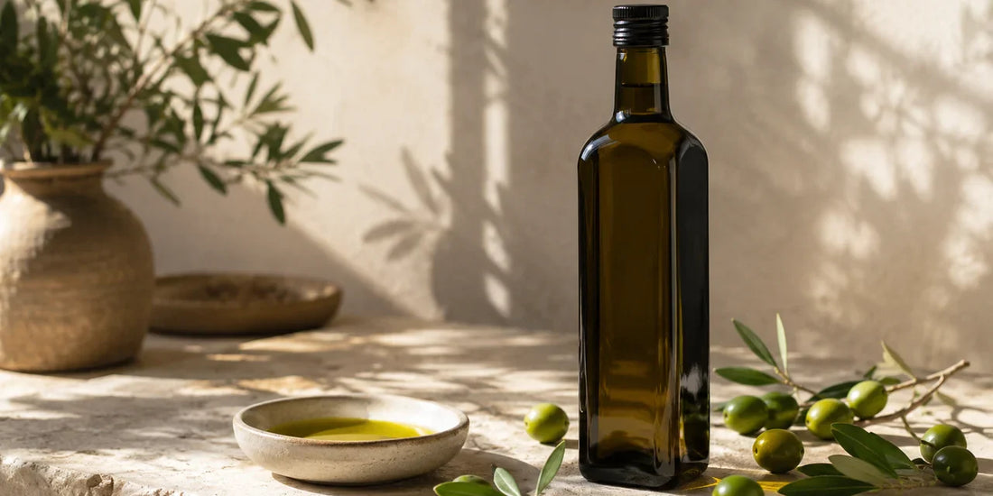 Tall dark glass olive oil bottle beside fresh green olives and a dish of rich golden-green oil on a pale stone surface in warm light