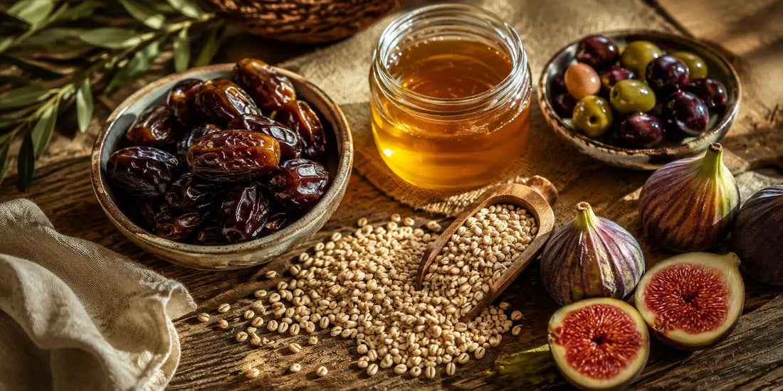 A wooden table spread with dates, a jar of honey, olives, barley, and figs in warm directional daylight